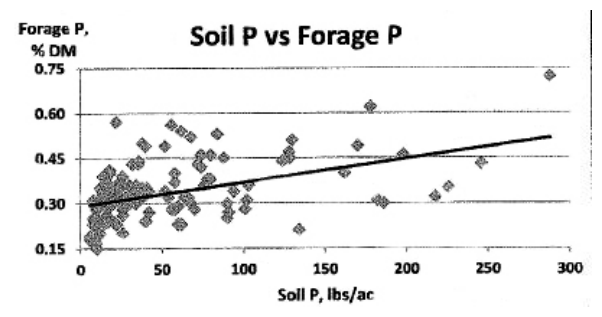 FIGURE 1: Relationship between soil P and forage P (taken from Phosphorus Supplementation of Beef Cattle, M.A. McCann, et. al., Virginia Tech).