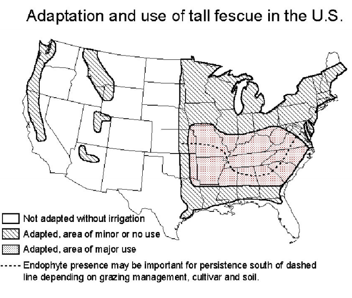 Figure 1. Adaptation and Use of Tall Fescue in the US. Shaded areas represent areas where Tall Fescue is of both major and minor use.